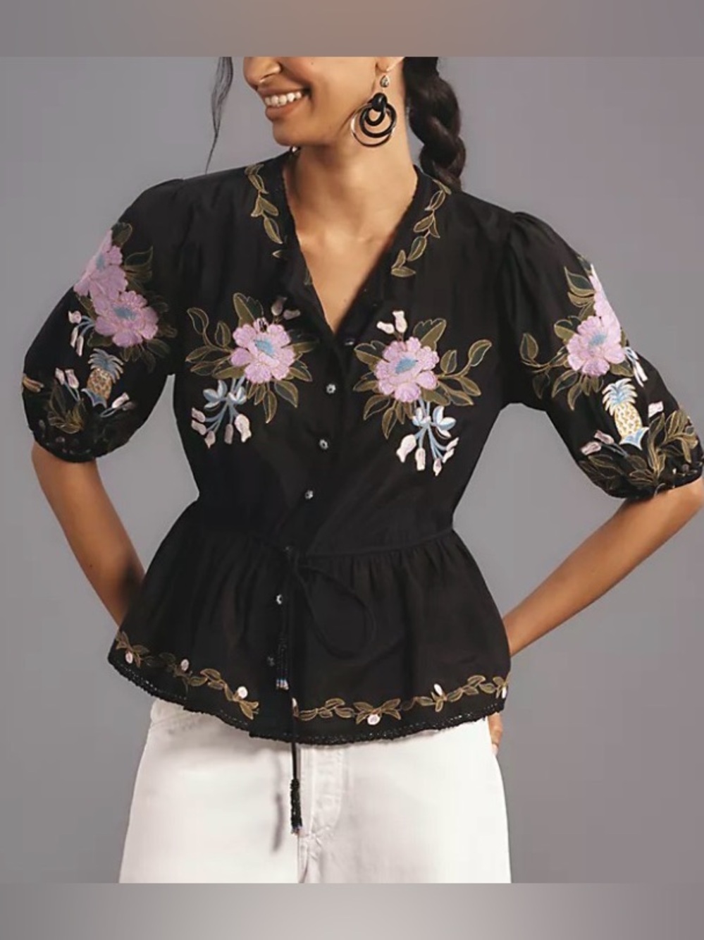 Anthropologie Farm Rio Winter Garden Embroidered Blouse